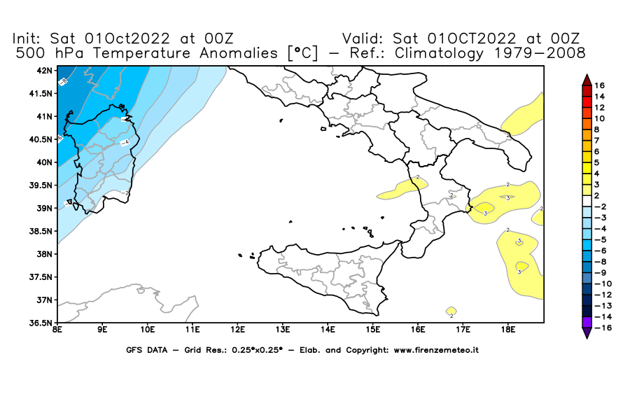 Mappa di analisi GFS - Anomalia Temperatura [°C] a 500 hPa in Sud-Italia
							del 01/10/2022 00 <!--googleoff: index-->UTC<!--googleon: index-->