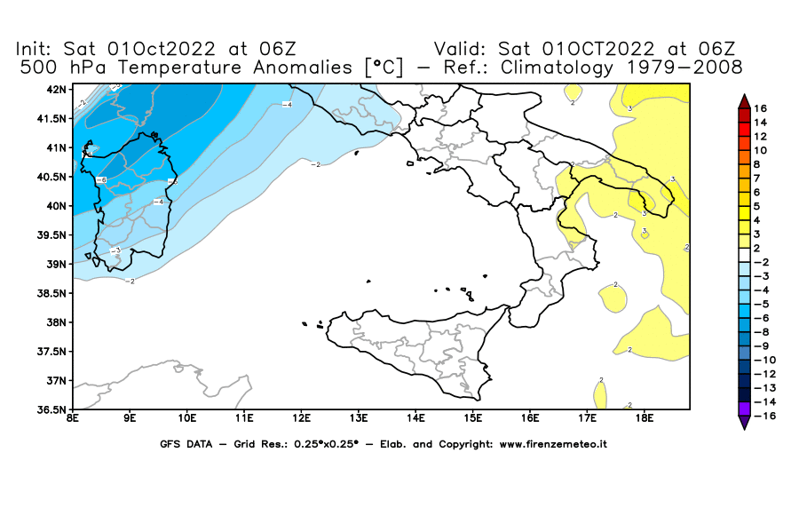 Mappa di analisi GFS - Anomalia Temperatura [°C] a 500 hPa in Sud-Italia
							del 01/10/2022 06 <!--googleoff: index-->UTC<!--googleon: index-->