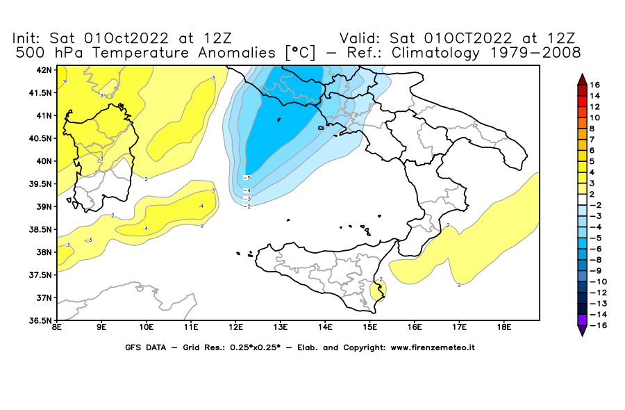 Mappa di analisi GFS - Anomalia Temperatura [°C] a 500 hPa in Sud-Italia
							del 01/10/2022 12 <!--googleoff: index-->UTC<!--googleon: index-->