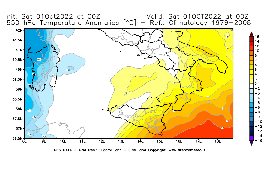 Mappa di analisi GFS - Anomalia Temperatura [°C] a 850 hPa in Sud-Italia
							del 01/10/2022 00 <!--googleoff: index-->UTC<!--googleon: index-->