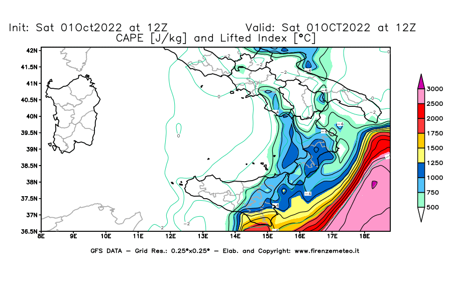 Mappa di analisi GFS - CAPE [J/kg] e Lifted Index [°C] in Sud-Italia
							del 01/10/2022 12 <!--googleoff: index-->UTC<!--googleon: index-->