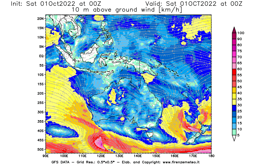 Mappa di analisi GFS - Velocità del vento a 10 metri dal suolo [km/h] in Oceania
							del 01/10/2022 00 <!--googleoff: index-->UTC<!--googleon: index-->