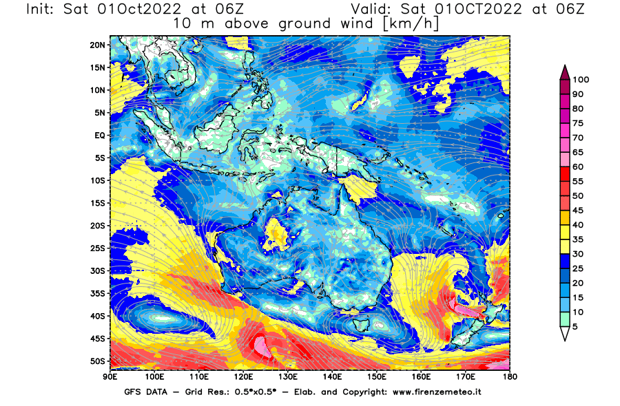 Mappa di analisi GFS - Velocità del vento a 10 metri dal suolo [km/h] in Oceania
							del 01/10/2022 06 <!--googleoff: index-->UTC<!--googleon: index-->