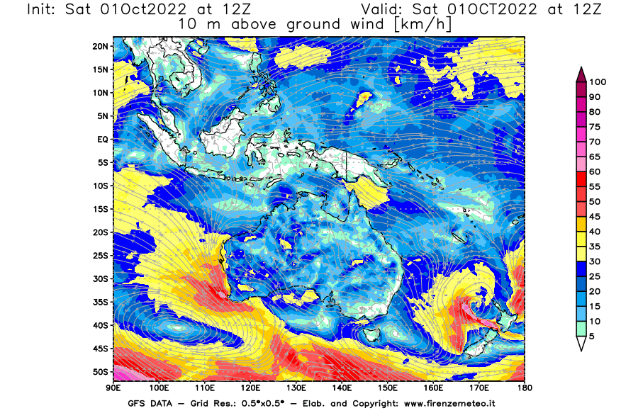 Mappa di analisi GFS - Velocità del vento a 10 metri dal suolo [km/h] in Oceania
							del 01/10/2022 12 <!--googleoff: index-->UTC<!--googleon: index-->
