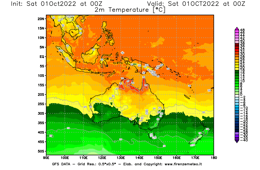 Mappa di analisi GFS - Temperatura a 2 metri dal suolo [°C] in Oceania
							del 01/10/2022 00 <!--googleoff: index-->UTC<!--googleon: index-->