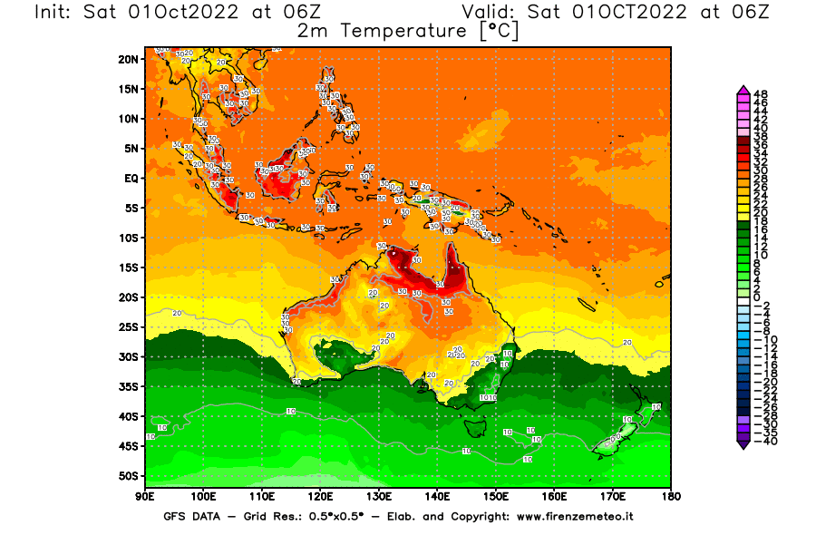 Mappa di analisi GFS - Temperatura a 2 metri dal suolo [°C] in Oceania
							del 01/10/2022 06 <!--googleoff: index-->UTC<!--googleon: index-->