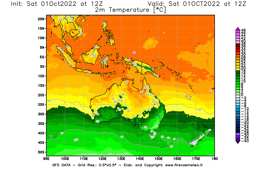 Mappa di analisi GFS - Temperatura a 2 metri dal suolo [°C] in Oceania
							del 01/10/2022 12 <!--googleoff: index-->UTC<!--googleon: index-->