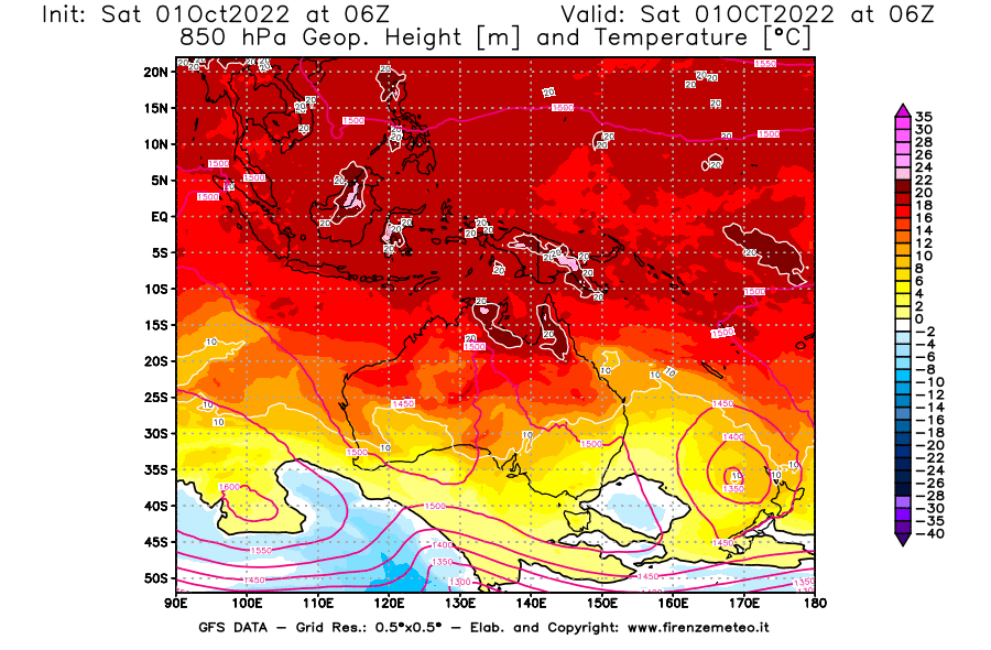 Mappa di analisi GFS - Geopotenziale [m] e Temperatura [°C] a 850 hPa in Oceania
							del 01/10/2022 06 <!--googleoff: index-->UTC<!--googleon: index-->