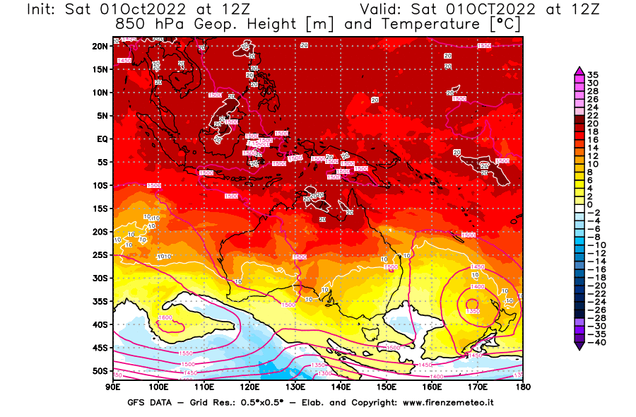 Mappa di analisi GFS - Geopotenziale [m] e Temperatura [°C] a 850 hPa in Oceania
							del 01/10/2022 12 <!--googleoff: index-->UTC<!--googleon: index-->