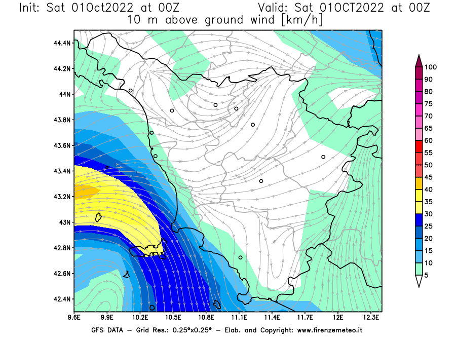 Mappa di analisi GFS - Velocità del vento a 10 metri dal suolo [km/h] in Toscana
							del 01/10/2022 00 <!--googleoff: index-->UTC<!--googleon: index-->