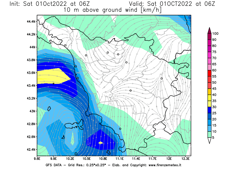 Mappa di analisi GFS - Velocità del vento a 10 metri dal suolo [km/h] in Toscana
							del 01/10/2022 06 <!--googleoff: index-->UTC<!--googleon: index-->