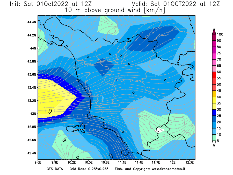 Mappa di analisi GFS - Velocità del vento a 10 metri dal suolo [km/h] in Toscana
							del 01/10/2022 12 <!--googleoff: index-->UTC<!--googleon: index-->