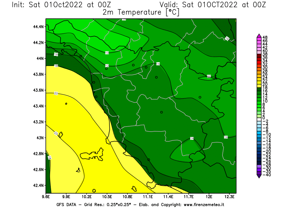 Mappa di analisi GFS - Temperatura a 2 metri dal suolo [°C] in Toscana
							del 01/10/2022 00 <!--googleoff: index-->UTC<!--googleon: index-->