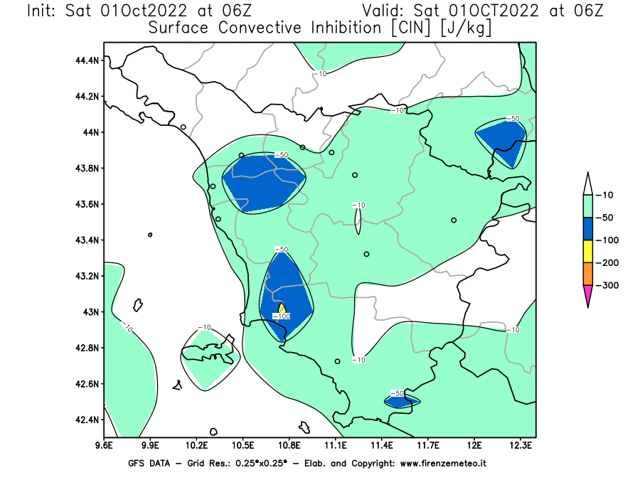 Mappa di analisi GFS - CIN [J/kg] in Toscana
							del 01/10/2022 06 <!--googleoff: index-->UTC<!--googleon: index-->