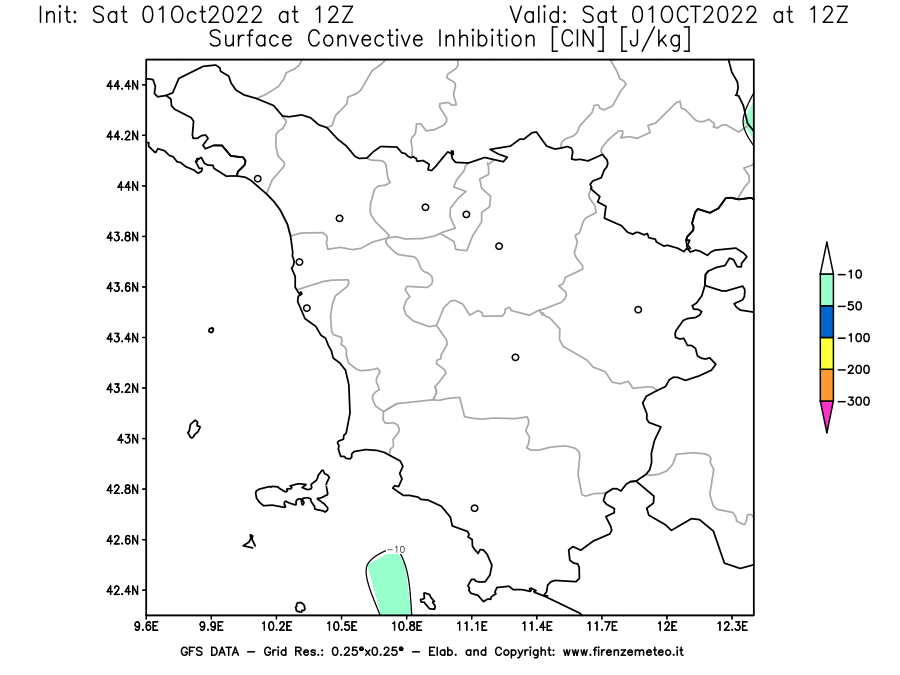 Mappa di analisi GFS - CIN [J/kg] in Toscana
							del 01/10/2022 12 <!--googleoff: index-->UTC<!--googleon: index-->