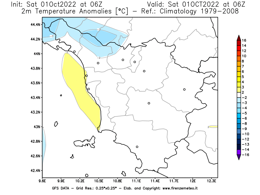 Mappa di analisi GFS - Anomalia Temperatura [°C] a 2 m in Toscana
							del 01/10/2022 06 <!--googleoff: index-->UTC<!--googleon: index-->