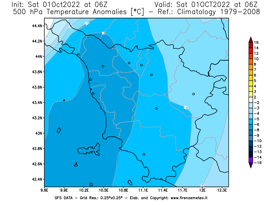 Mappa di analisi GFS - Anomalia Temperatura [°C] a 500 hPa in Toscana
							del 01/10/2022 06 <!--googleoff: index-->UTC<!--googleon: index-->