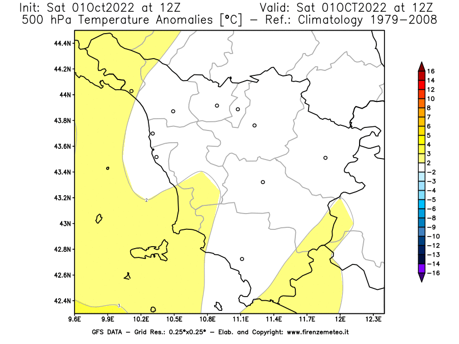 Mappa di analisi GFS - Anomalia Temperatura [°C] a 500 hPa in Toscana
							del 01/10/2022 12 <!--googleoff: index-->UTC<!--googleon: index-->