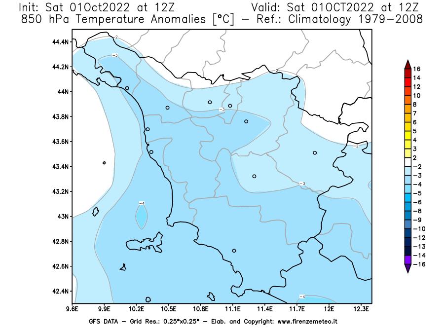 Mappa di analisi GFS - Anomalia Temperatura [°C] a 850 hPa in Toscana
							del 01/10/2022 12 <!--googleoff: index-->UTC<!--googleon: index-->