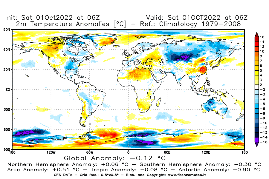 Mappa di analisi GFS - Anomalia Temperatura [°C] a 2 m in World
							del 01/10/2022 06 <!--googleoff: index-->UTC<!--googleon: index-->