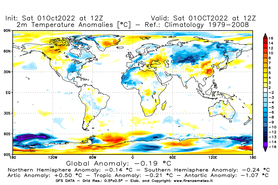 Mappa di analisi GFS - Anomalia Temperatura [°C] a 2 m in World
							del 01/10/2022 12 <!--googleoff: index-->UTC<!--googleon: index-->