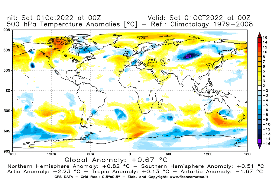 Mappa di analisi GFS - Anomalia Temperatura [°C] a 500 hPa in World
							del 01/10/2022 00 <!--googleoff: index-->UTC<!--googleon: index-->