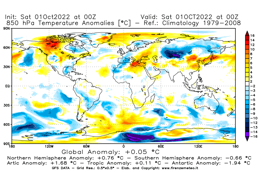 Mappa di analisi GFS - Anomalia Temperatura [°C] a 850 hPa in World
							del 01/10/2022 00 <!--googleoff: index-->UTC<!--googleon: index-->