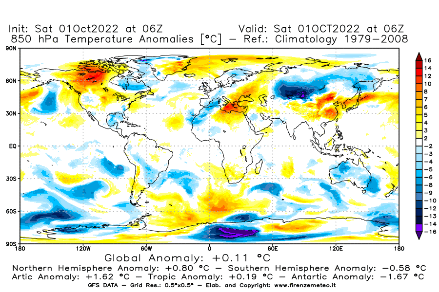 Mappa di analisi GFS - Anomalia Temperatura [°C] a 850 hPa in World
							del 01/10/2022 06 <!--googleoff: index-->UTC<!--googleon: index-->