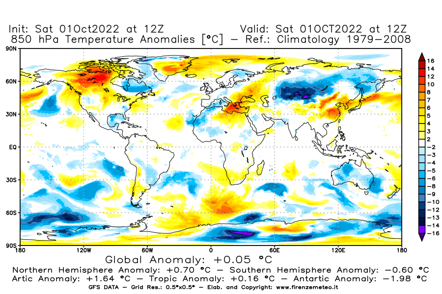 Mappa di analisi GFS - Anomalia Temperatura [°C] a 850 hPa in World
							del 01/10/2022 12 <!--googleoff: index-->UTC<!--googleon: index-->