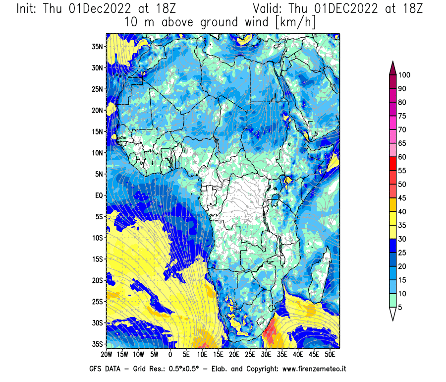 Mappa di analisi GFS - Velocità del vento a 10 metri dal suolo [km/h] in Africa
							del 01/12/2022 18 <!--googleoff: index-->UTC<!--googleon: index-->