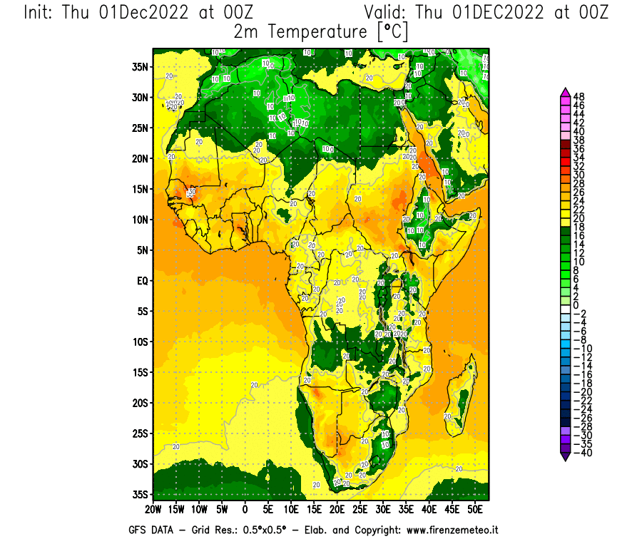 Mappa di analisi GFS - Temperatura a 2 metri dal suolo [°C] in Africa
							del 01/12/2022 00 <!--googleoff: index-->UTC<!--googleon: index-->