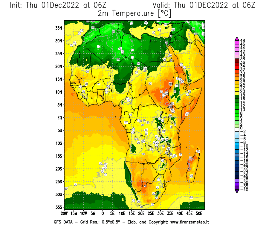 Mappa di analisi GFS - Temperatura a 2 metri dal suolo [°C] in Africa
							del 01/12/2022 06 <!--googleoff: index-->UTC<!--googleon: index-->