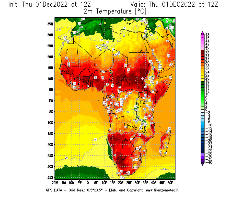 Mappa di analisi GFS - Temperatura a 2 metri dal suolo [°C] in Africa
							del 01/12/2022 12 <!--googleoff: index-->UTC<!--googleon: index-->