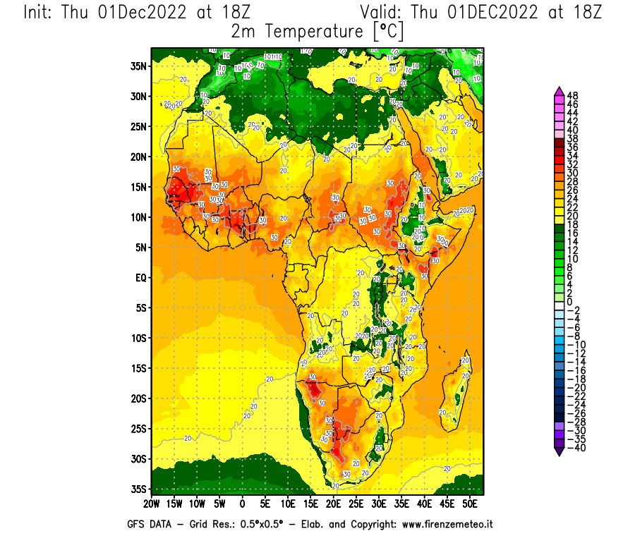 Mappa di analisi GFS - Temperatura a 2 metri dal suolo [°C] in Africa
							del 01/12/2022 18 <!--googleoff: index-->UTC<!--googleon: index-->