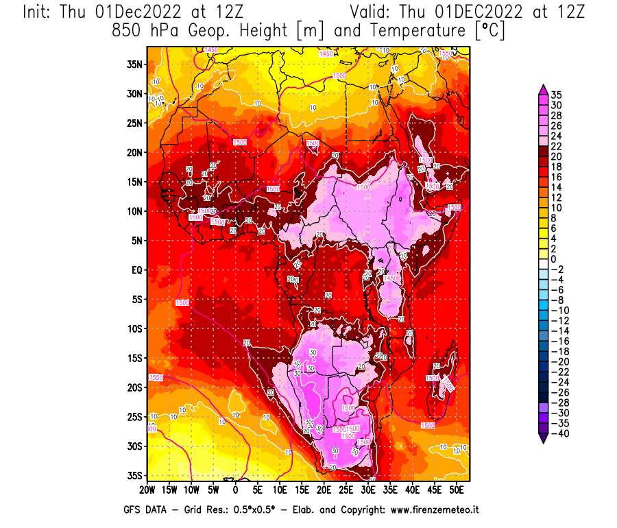 Mappa di analisi GFS - Geopotenziale [m] e Temperatura [°C] a 850 hPa in Africa
							del 01/12/2022 12 <!--googleoff: index-->UTC<!--googleon: index-->