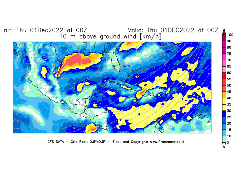 Mappa di analisi GFS - Velocità del vento a 10 metri dal suolo [km/h] in Centro-America
							del 01/12/2022 00 <!--googleoff: index-->UTC<!--googleon: index-->