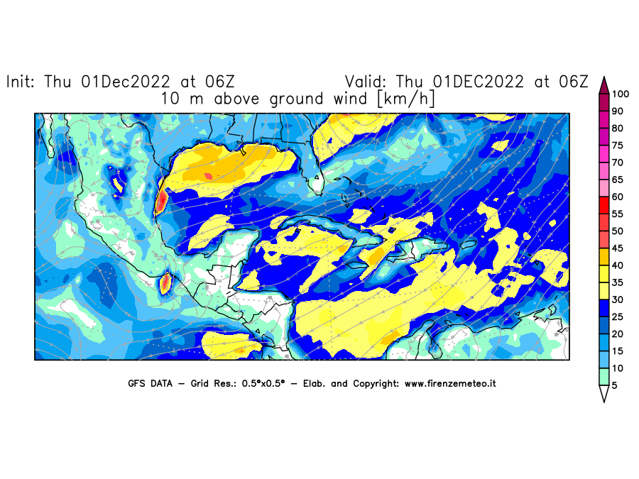 Mappa di analisi GFS - Velocità del vento a 10 metri dal suolo [km/h] in Centro-America
							del 01/12/2022 06 <!--googleoff: index-->UTC<!--googleon: index-->