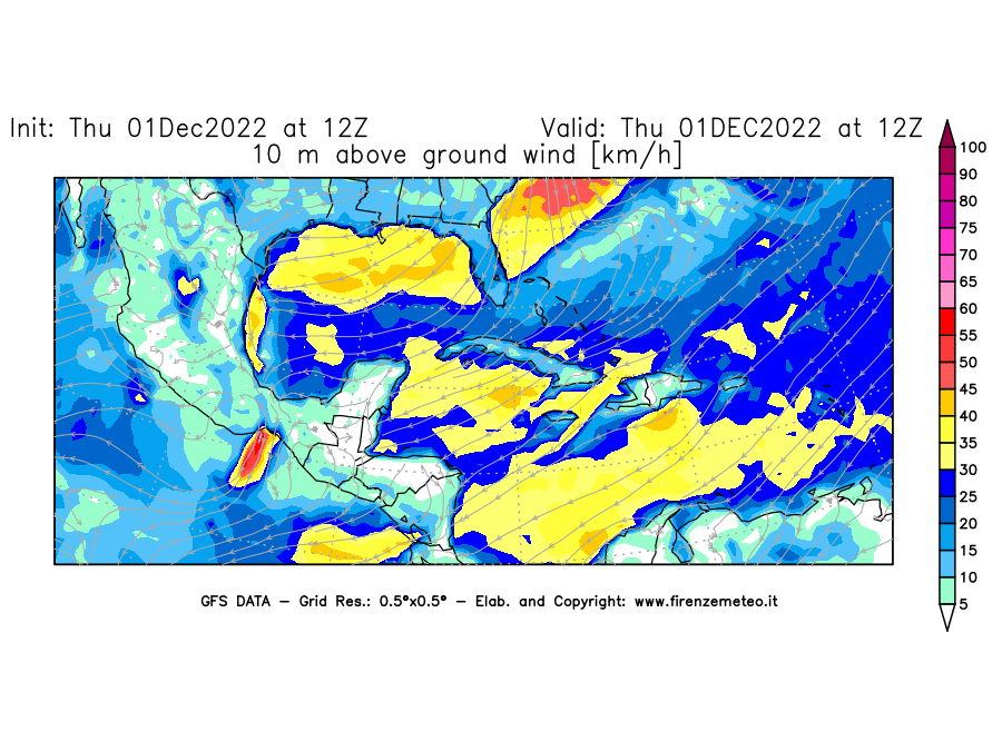 Mappa di analisi GFS - Velocità del vento a 10 metri dal suolo [km/h] in Centro-America
							del 01/12/2022 12 <!--googleoff: index-->UTC<!--googleon: index-->