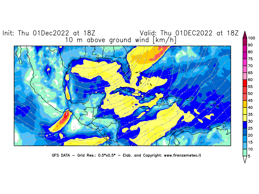 Mappa di analisi GFS - Velocità del vento a 10 metri dal suolo [km/h] in Centro-America
							del 01/12/2022 18 <!--googleoff: index-->UTC<!--googleon: index-->