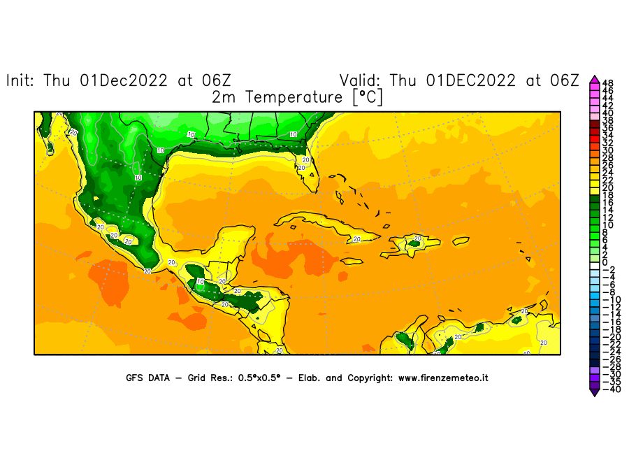 Mappa di analisi GFS - Temperatura a 2 metri dal suolo [°C] in Centro-America
							del 01/12/2022 06 <!--googleoff: index-->UTC<!--googleon: index-->