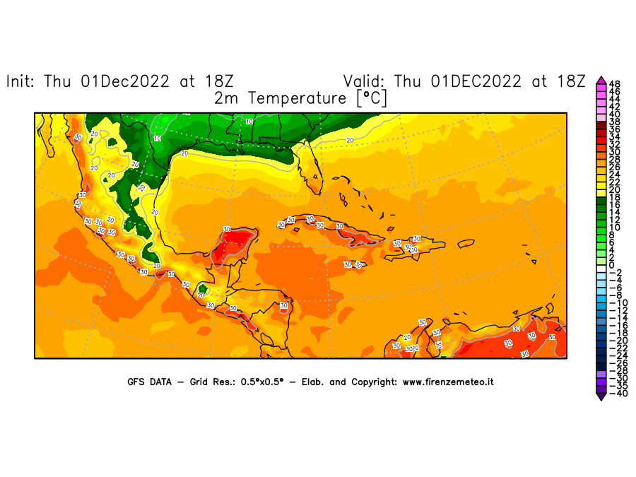 Mappa di analisi GFS - Temperatura a 2 metri dal suolo [°C] in Centro-America
							del 01/12/2022 18 <!--googleoff: index-->UTC<!--googleon: index-->