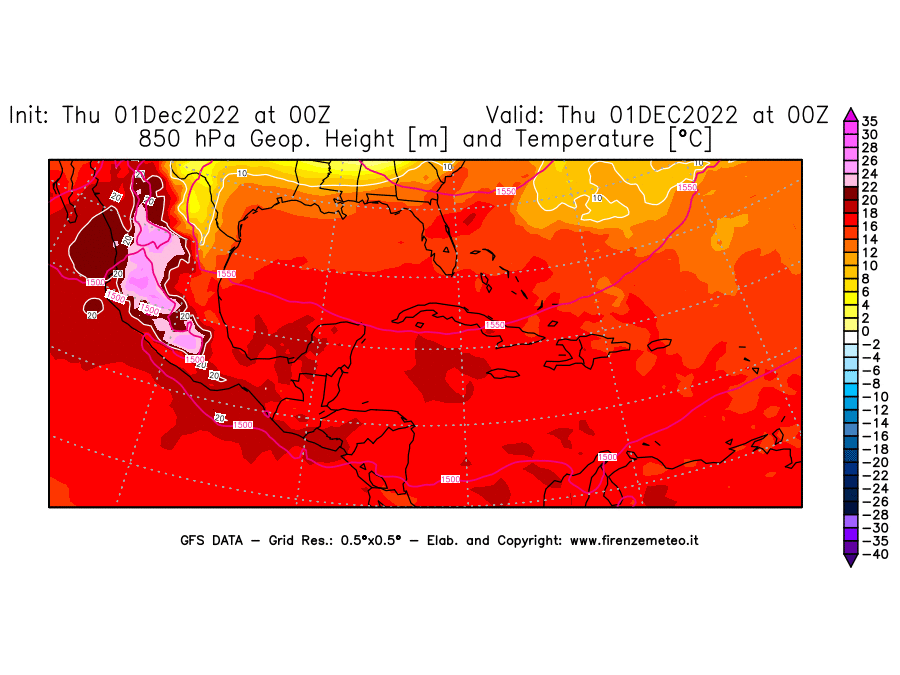 Mappa di analisi GFS - Geopotenziale [m] e Temperatura [°C] a 850 hPa in Centro-America
							del 01/12/2022 00 <!--googleoff: index-->UTC<!--googleon: index-->