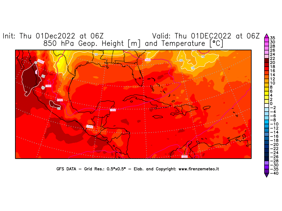 Mappa di analisi GFS - Geopotenziale [m] e Temperatura [°C] a 850 hPa in Centro-America
							del 01/12/2022 06 <!--googleoff: index-->UTC<!--googleon: index-->