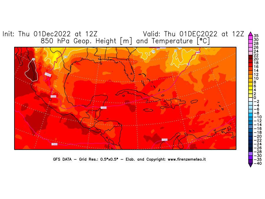 Mappa di analisi GFS - Geopotenziale [m] e Temperatura [°C] a 850 hPa in Centro-America
							del 01/12/2022 12 <!--googleoff: index-->UTC<!--googleon: index-->
