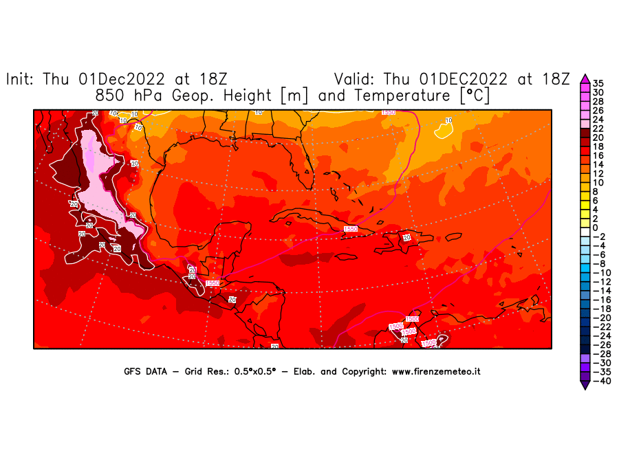 Mappa di analisi GFS - Geopotenziale [m] e Temperatura [°C] a 850 hPa in Centro-America
							del 01/12/2022 18 <!--googleoff: index-->UTC<!--googleon: index-->