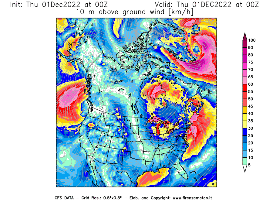 Mappa di analisi GFS - Velocità del vento a 10 metri dal suolo [km/h] in Nord-America
							del 01/12/2022 00 <!--googleoff: index-->UTC<!--googleon: index-->