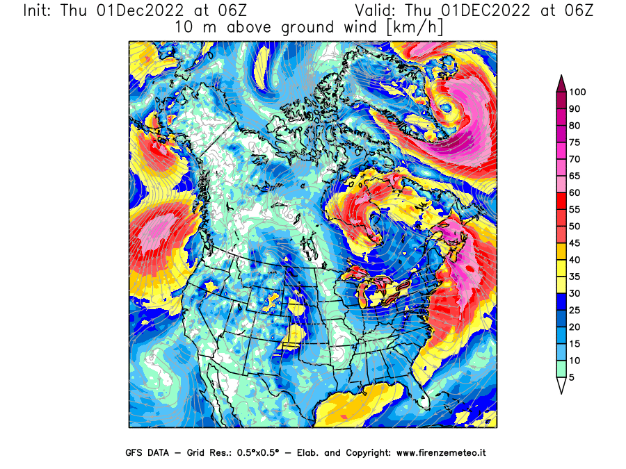 Mappa di analisi GFS - Velocità del vento a 10 metri dal suolo [km/h] in Nord-America
							del 01/12/2022 06 <!--googleoff: index-->UTC<!--googleon: index-->