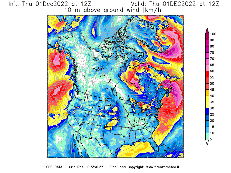 Mappa di analisi GFS - Velocità del vento a 10 metri dal suolo [km/h] in Nord-America
							del 01/12/2022 12 <!--googleoff: index-->UTC<!--googleon: index-->