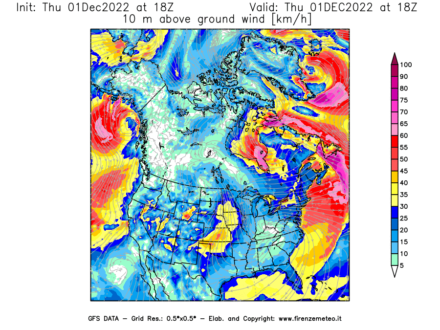 Mappa di analisi GFS - Velocità del vento a 10 metri dal suolo [km/h] in Nord-America
							del 01/12/2022 18 <!--googleoff: index-->UTC<!--googleon: index-->