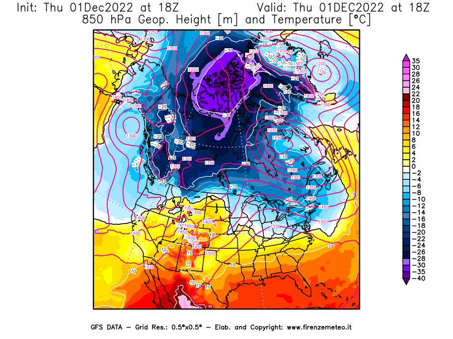 Mappa di analisi GFS - Geopotenziale [m] e Temperatura [°C] a 850 hPa in Nord-America
							del 01/12/2022 18 <!--googleoff: index-->UTC<!--googleon: index-->